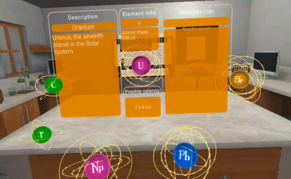 Added animated atom structure to VR Chemistry app with core and electrons, motion in orbit