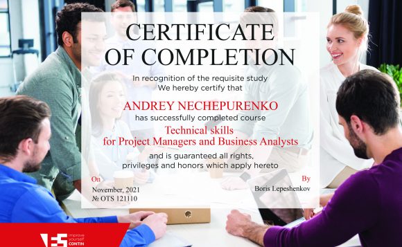 Сompletion of the Technical skills for Project Managers and Business Analyst course